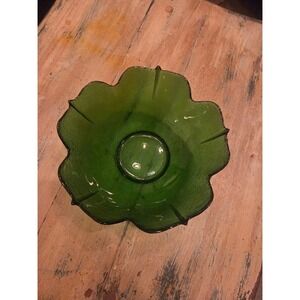 Vintage Green Glass Flower Petal Bowl Textured Mid Century Modern Decor 6 inch